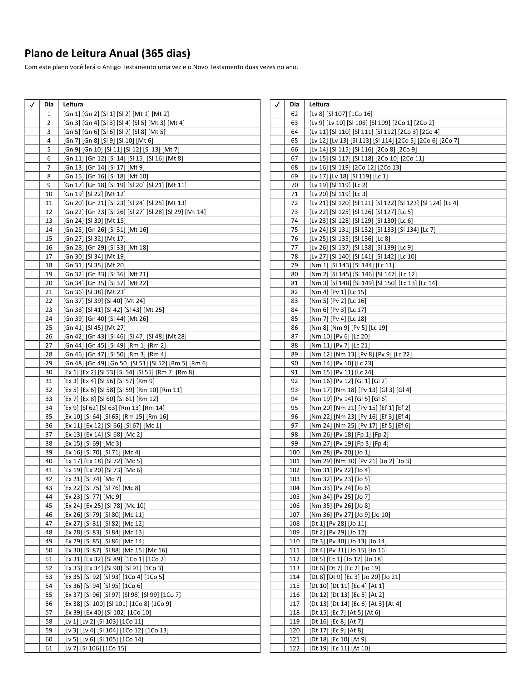 Página de exemplo do Plano de Leitura Anual A4